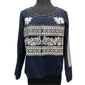 𝅺Floryday Dark Wash Denim Embellished Blazer Jacket Sz L
